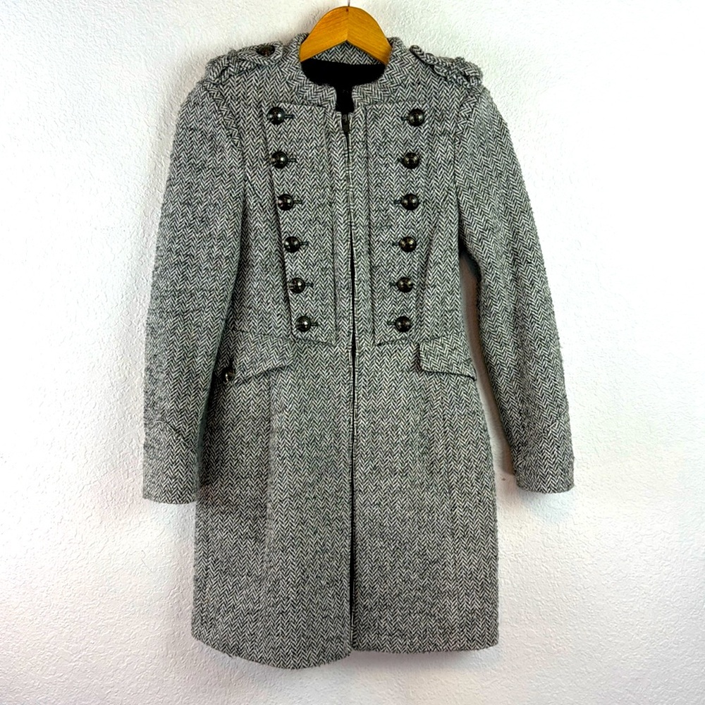 Zara Gray Tweed Wool Blend Button Military Zip Front Flared Peacoat Jacket small - Picture 1 of 8